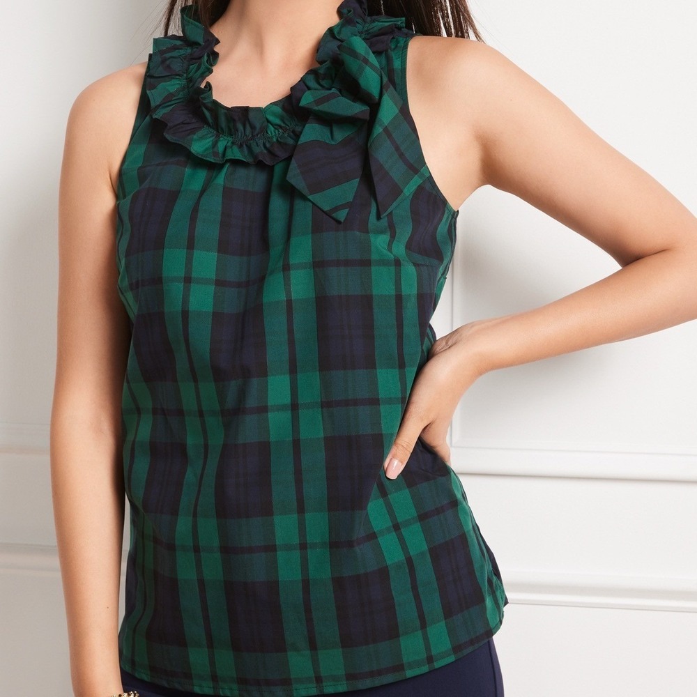Talbots Womens Bow Detail Ruffle Neck Shell Tank Black Watch Plaid Holiday NEW M